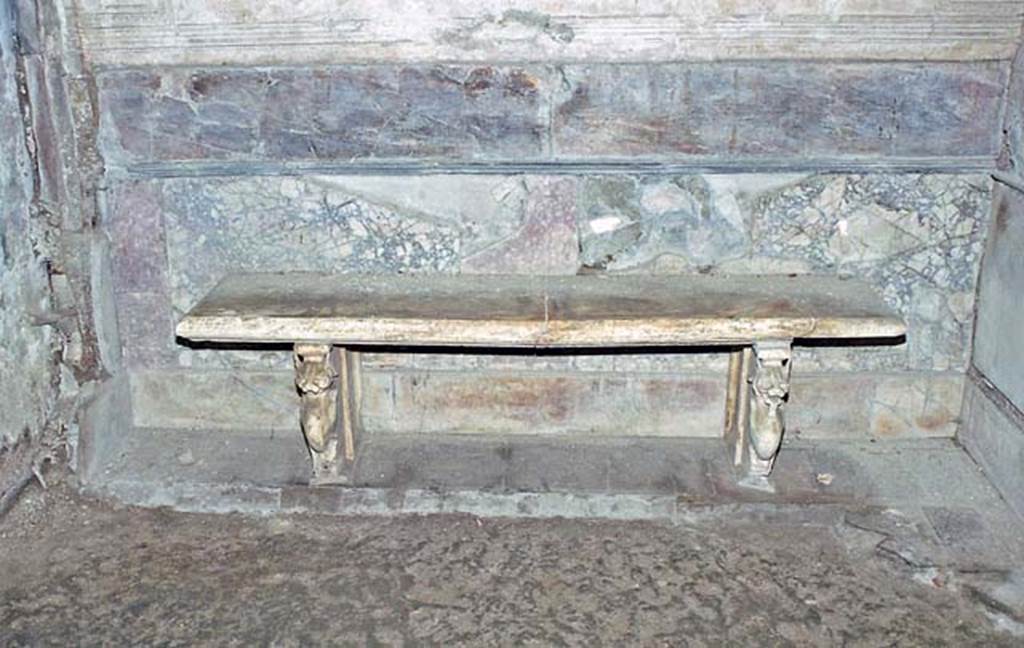 Suburban Baths, Herculaneum. October 2001. The zoccolo on the walls of the tepidarium was formed from slabs of marble. There were two marble benches with legs in the form of a griffin. Photo courtesy of Peter Woods.